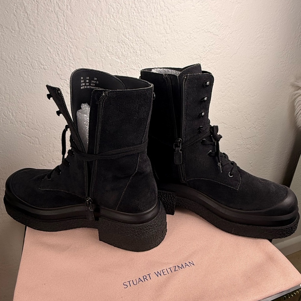 Stuart Weitzman Soho Black Suede Lace-Up Lug Sole Boots New! Sz8 Goth Utility